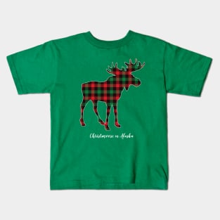 "Christmoose In Alaska" Moose Buffalo Red & Green Plaid Kids T-Shirt